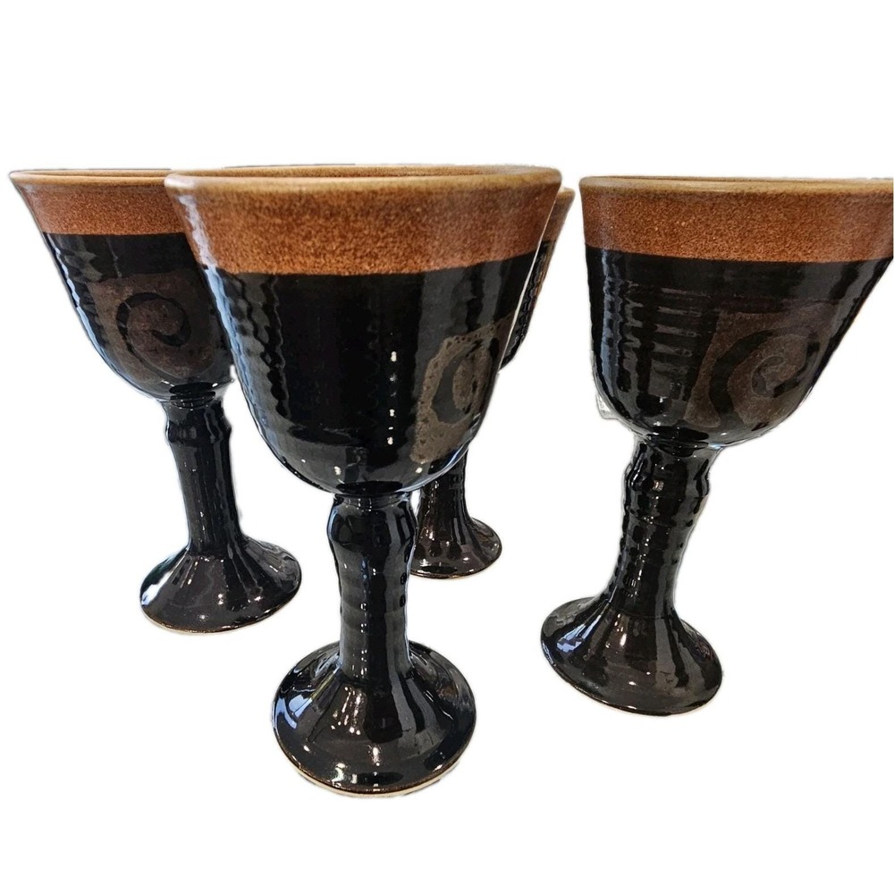 Vintage Handmade Studio Pottery Goblets Set of 4 Black Brown Ceramic Chalices